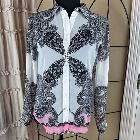 INC International Concepts Tops - INC International Concepts Sheer Black White Pink Paisley Button-Down Shirt 4P